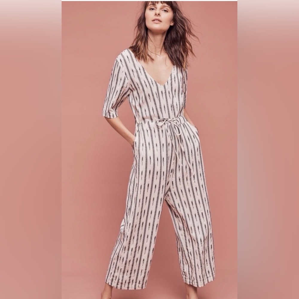 ANTHROPOLOGIE Striped V-Neck Jumpsuit with Tie Waist